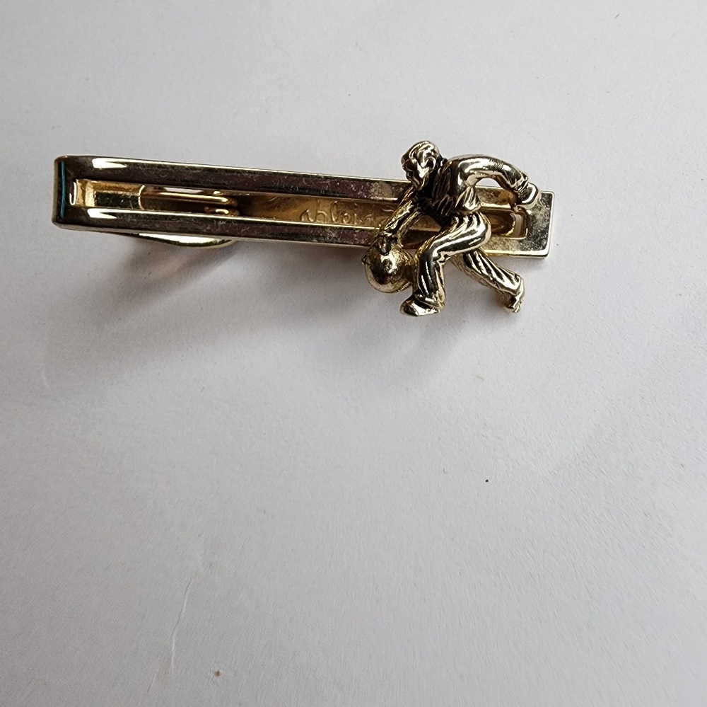 Vintage Shields Bowling Tie Bar Rectangular Gold Tone Clip Sports Jewelry